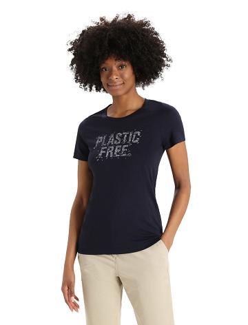 T Shirts Icebreaker Merino Tech Lite II Corta Sleeve Plastic Free Femme Bleu Marine | FR 1600WNBY